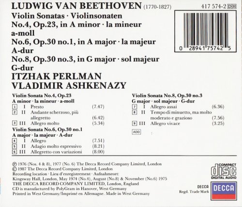 Itzhak Perlman, Vladimir Ashkenazy - Beethoven: Violin Sonatas Nos. 4, 6 & 8 (1987) CD-Rip