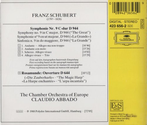 The Chamber Orchestra of Europe, Claudio Abbdo - Schubert: Symphony No. 9, Rosamunde Ouverture (1988) CD-Rip