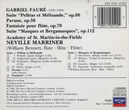 Academy of St.Martin-in-the-Fields, Neville Marriner - Fauré: Pelléas Et Mélisande, Masques Et Bergamasques Suite, Fantaisie For Flute (1983)