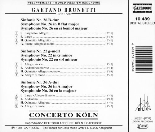 Concerto Köln - Gaetano Brunetti: 3 Symfonien (1994) CD-Rip