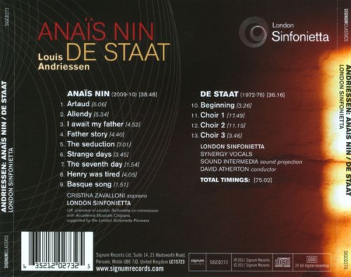 London Sinfonietta, Synergy Vocals, David Atherton - Louis Andriessen: Anaïs Nin / Cristina Zavalloni (2011)