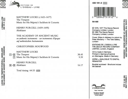 The Academy of Ancient Music, Christopher Hogwood - Locke: The Tempest / Music for His Majesty's Sackbuts and Cornetts / Purcell: Abdelazer (1993)