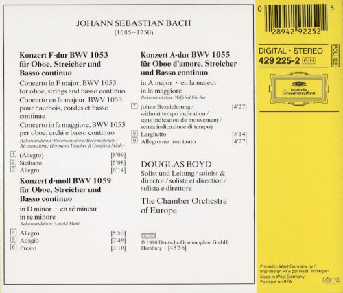 Douglas Boyd, The Chamber Orchestra of Europe - J.S. Bach: Oboe Concertos BWV 1053, 1055 & 1059 (1990) CD-Rip