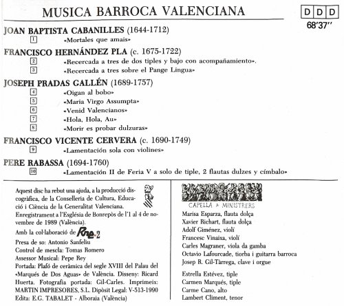 Capella De Ministrers, Carles Magraner - Musica Barroca Valenciana (1989)
