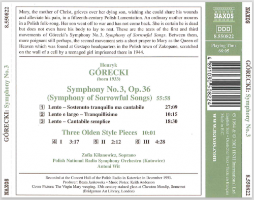 Zofia Kilanowicz, Polish National Radio Symphony Orchestra, Antoni Wit - Górecki: Symphony No.3; Three Olden Style Pieces (2001)