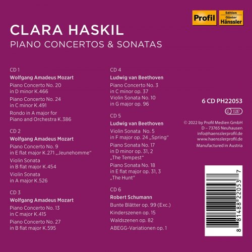 Clara Haskil - Mozart, Beethoven & Schumann: Piano Concertos & Sonatas [6CD] (2022)