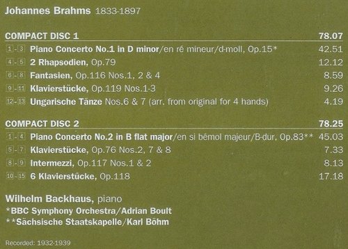 Wilhelm Backhaus - Brahms: Piano Concertos (1997)