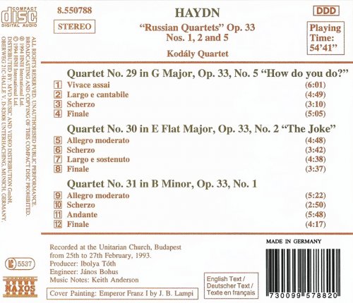 Kodály Quartet - Haydn: String Quartets op. 33 “Russian Quartets” Nos. 1, 2 & 5 (1994) CD-Rip