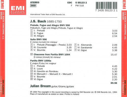 Julian Bream - J.S. Bach: Chaconne BWV 1004, Suite BWV 996, Partita No.3 BWV 1006a, Prelude Fugue and Allegro BWV 998 (1994)