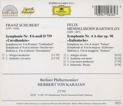 Beliner Philharmoniker, Herbert von Karajan - Schubert: Symphony No. 8 / Mendelssohn: Symphony No. 4 (1987) CD-Rip