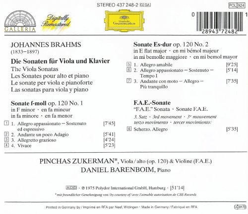 Pinchas Zukerman, Daniel Barenboim - Brahms: Viola Sonatas (1991) CD-Rip