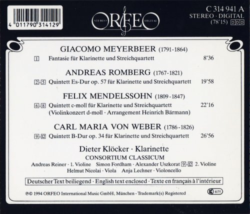 Dieter Klöcker, Consortium Classicum - Meyerbeer, Romberg, Mendelssohn & Weber: Clarinet Quintets (1994) CD-Rip