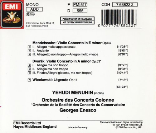 Yehudi Menuhin, George Enescu - Mendelssohn & Dvorak: Violin Concertos; Wieniawski: Légende (1991) CD-Rip