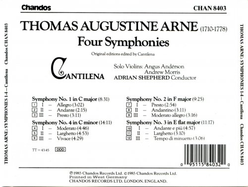 Cantilena, Adrian Shepherd - Arne: Four Symphonies (1985)