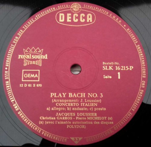 Jacques Loussier, Pierre Michelot, Christian Garros - Play Bach No. 3 (1963) LP