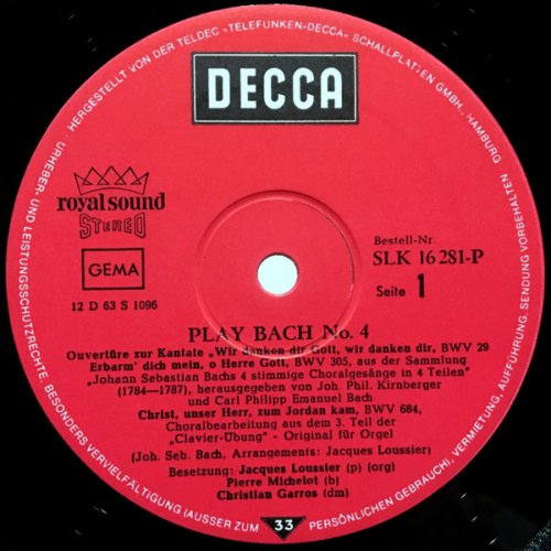 Jacques Loussier, Pierre Michelot, Christian Garros - Play Bach No. 4 (1963) LP