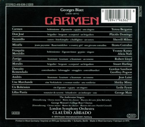 Teresa Berganza, Placido Domingo, Ileana Cotrubas, Sherrill Milnes, Claudio Abbado - Bizet: Carmen (1990)