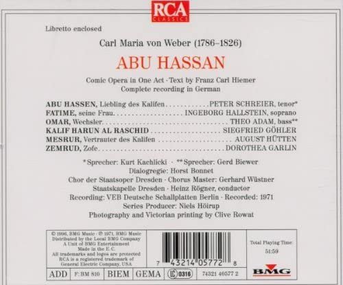 Hallstein, Schreier, Adam, Chor der Staatsoper Dresden, Wustner, Staatskapelle Dresden, Rogner - Weber: Abu Hassan (1996)