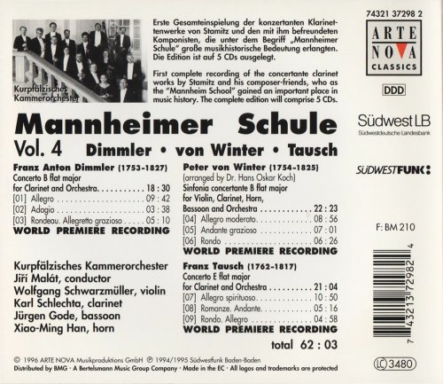 Karl Schlechta, Jiří Malát - Mannheimer Schule, Vol. 4 - Dimmler, von Winter, Tausch: Clarinet Concertos (1996) CD-Rip