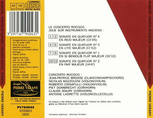 Le Concerto Rococo, Jean-Patrice Brosse, Nicolas Mazzoleni, Roberto Crisafulli, Antoine Ladrette, Dombrecht Pietr, Claude Maury - Balbastre: Quatre sonates pour clavecin, 2 violons, 2 cors & basse (1994)