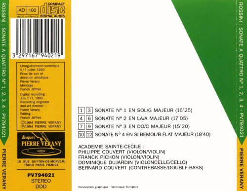 Académie Sainte-Cécile, Philippe Couvert, Franck Pichon, Dominique Dujardin, Bernard Couvert - Rossini: Sonate a quattro No.1, 2, 3 & 4 pour 2 violons, violoncelle & contrebasse (1994)