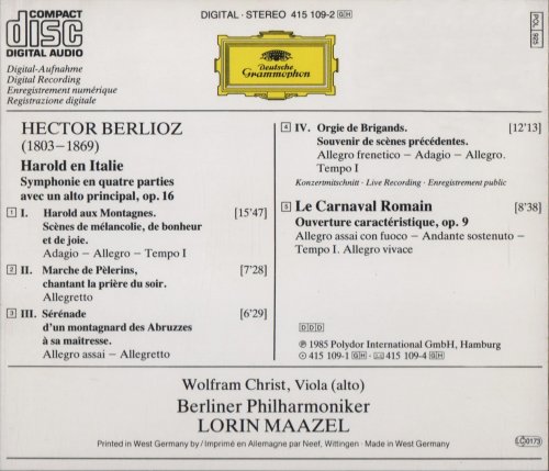 Wolfram Christ, Berliner Philharmoniker, Lorin Maazel - Berlioz: Harold in Italy, The Roman Carnival (1985)