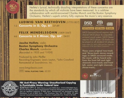 Jascha Heifetz, Charles Munch -  Beethoven, Mendelssohn: Violin Concertos (2004) CD-Rip