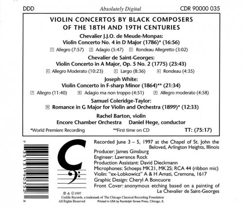 Rachel Barton Pine, Encore Chamber Orchestra, Daniel Hege - Violin Concertos by Black Composers of the 18th & 19th Centuries (1997) CD-Rip