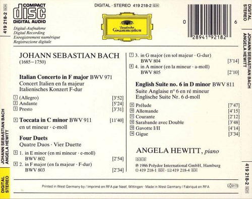 Angela Hewitt - J.S.Bach: Italian Concerto, Toccata, Four Duets; English Suite (1986) CD-Rip