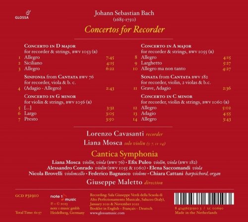 Lorenza Cavasanti, Cantica Symphonia, Giuseppe Maletto - Concertos for Recorder (2023) [Hi-Res]