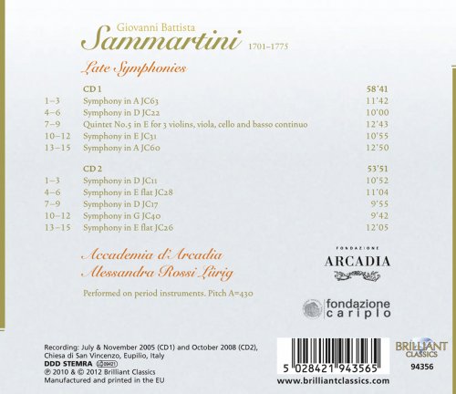 Accademia d'Arcadia, Alessandra Rossi Lürig - Sammartini: Late Symphonies (2012)