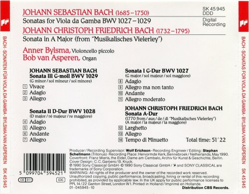 Anner Bylsma, Bob van Asperen - J.S. Bach: Sonatas for Viola da Gamba, J.C.F. Bach: Sonata A-Dur (1990) CD-Rip
