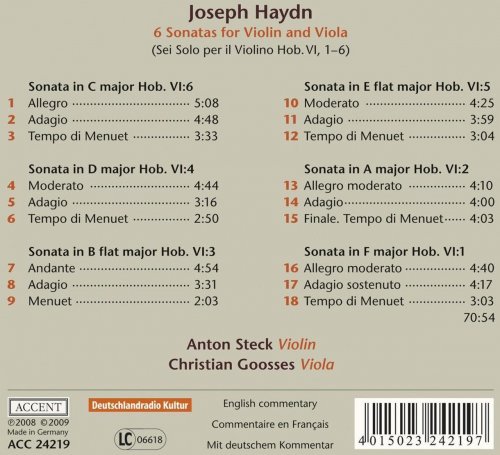 Anton Steck, Christian Gooses - Haydn: 6 Sonatas for Violin and Viola (2008)