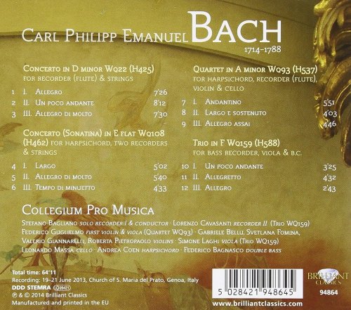 Collegium Pro Musica, Stefano Bagliano - C.P.E. Bach: Recorder Concertos - Chamber Music (2014)