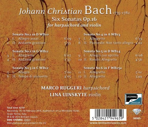 Marco Ruggeri - J.C. Bach: Six Sonatas, Op. 16 for Harpsichord and Violin (2015)