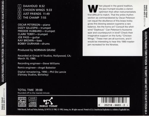 Dizzy Gillespie, Freddie Hubbard, Clark Terry, Oscar Peterson, Ray Brown, Joe Pass, Bobby Durham - The Trumpet Summit Meets The Oscar Peterson Big Four (1980) CD Rip