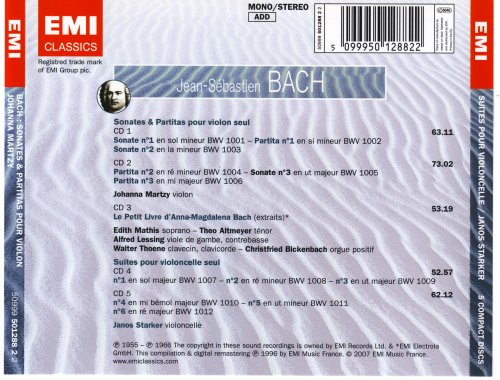 Johanna Martzy, Janos Starker - Bach: Sonates & Partitas Pour Violon Seul, Suites Pour Violoncelle Seul, Petit Livre D'Anna-Magdalena Bach (1996) [5CD Box Set]