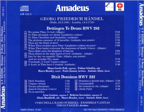 Coro della Radio Svizzera, Ensemble Vanitas, Diego Fasolis - Händel: Dixit Dominus / Dettingen Te Deum (2000)