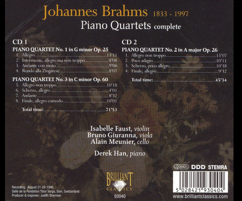 Derek Han, Isabelle Faust, Bruno Giuranna, Alain Meunier - Brahms: Complete Piano Quartets (2012) CD-Rip