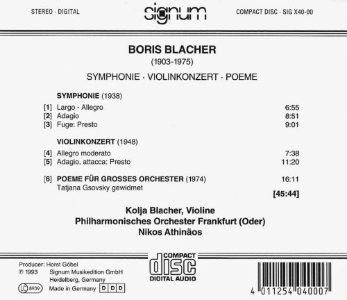 Kolja Blacher, Philharmonisches Orchester Frankfurt, Nikos Athinäos - Boris Blacher: Symphony, Violin Concerto, Poeme for Orchestra (1993) CD-Rip