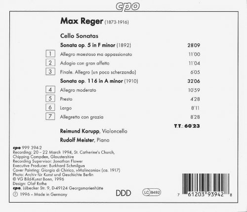 Reimund Korupp, Rudolf Meister - Max Reger: Cello Sonatas Nos. 1 & 4 (1996) CD-Rip