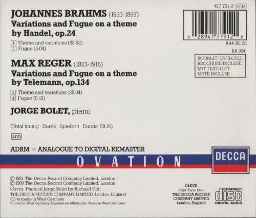 Jorge Bolet - Brahms, Reger Piano Variations and Fugue (1989) CD-Rip