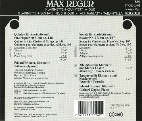 Eduard Brunner, Wilanow-Quartett, Gerhard Oppitz - Max Reger: Clarinet Quintet, Clarinet Sonata No. 3 (1989) CD-Rip