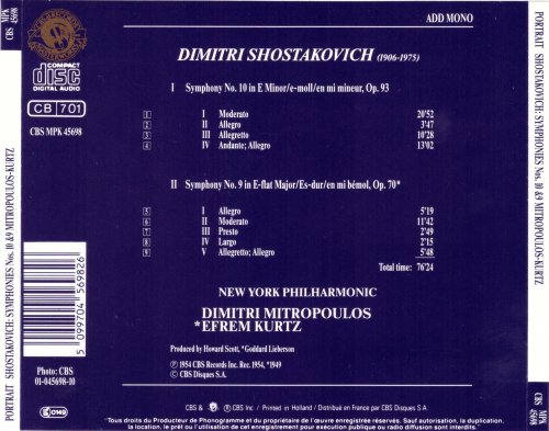 New York Philharmonic, Dimitry Mitropoulos, Efrem Kurtz - Shostakovisch: Symphonies Nos. 10 & 9 (1989)