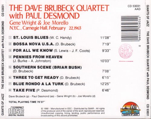 The Dave Brubeck Quartet With Paul Desmond - N.Y.C., Carnegie Hall, February 22, 1963 (1990)