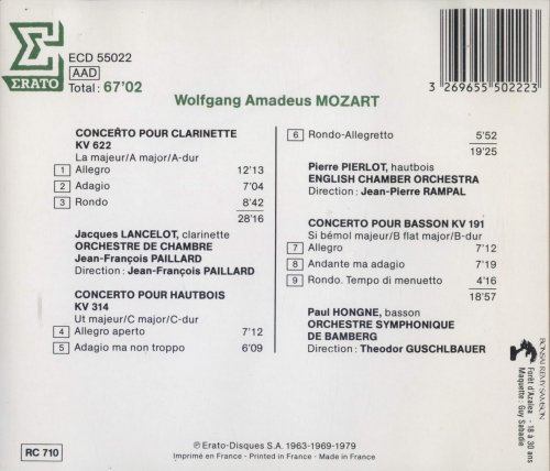 Jacques Lancelot, Pierre Pierlot, Paul Hongne - Mozart: Concertos for Clarinet, Oboe, Bassoon (1987) CD-Rip