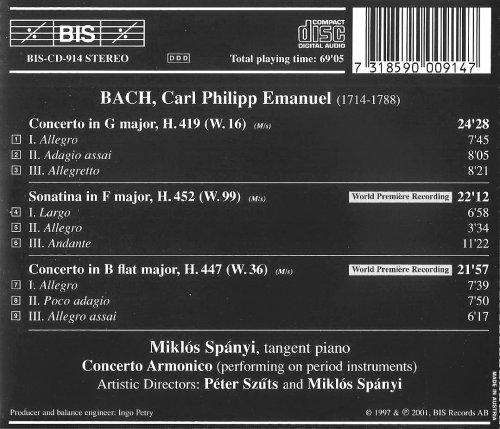 Miklós Spányi, Concerto Armonico, Péter Szütz - C.P.E. Bach: Keyboard Concertos, Vol. 10 (2001) CD-Rip