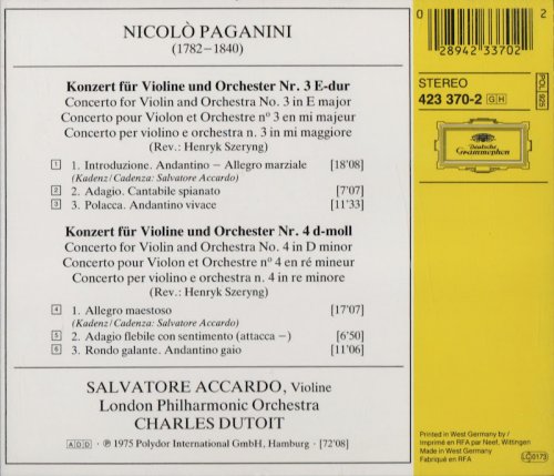 Salvatore Accardo, London Philharmonic Orchestra, Charles Dutoit - Paganini: Violin Concertos 3 & 4 (1988) CD-Rip