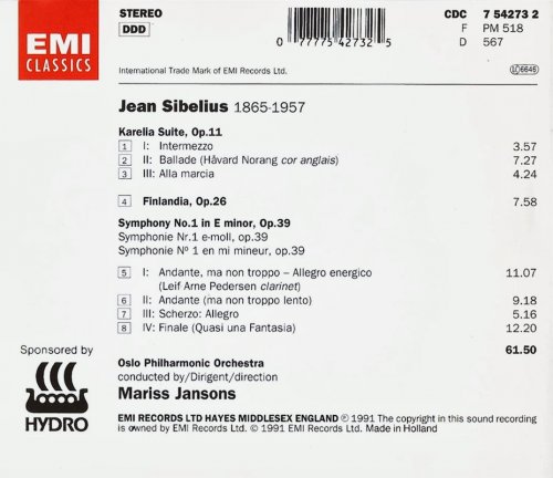 Oslo Philharmonic Orchestra, Mariss Jansons - Sibelius: Symphony No.1, Karelia Suite, Finlandia (1991) CD-Rip