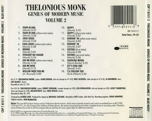 Thelonious Monk - Genius Of Modern Music, Vol. 2 (1952) CD Rip